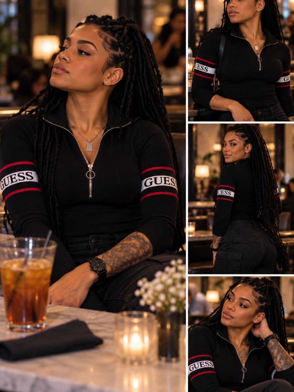 GUESS Black Zip-Front Slim Logo Sleeve Sweater
